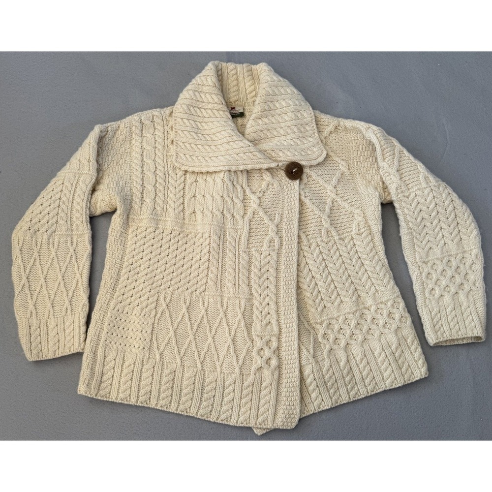 Carraig Donn Patchwork Cardigan Womens XL Ivory Wool Aran Cable Knit Fisherman